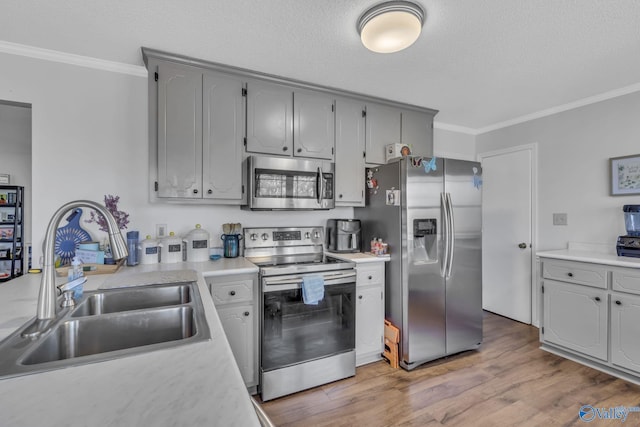 kitchen featuring wood-type flooring, sink, gray cabinetry, stainless steel appliances, and a textured ceiling