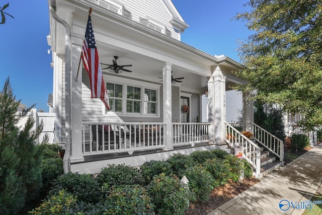 property entrance featuring a porch and ceiling fan