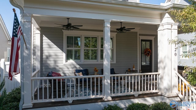 entrance to property with ceiling fan and a porch