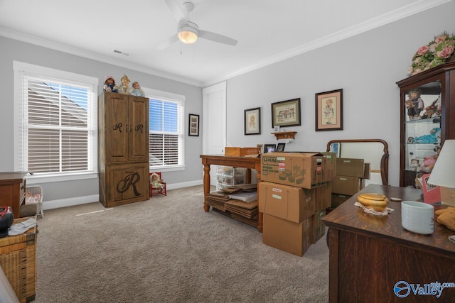 office area featuring ceiling fan, light carpet, and ornamental molding