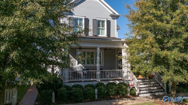 view of front of property with a porch and ceiling fan