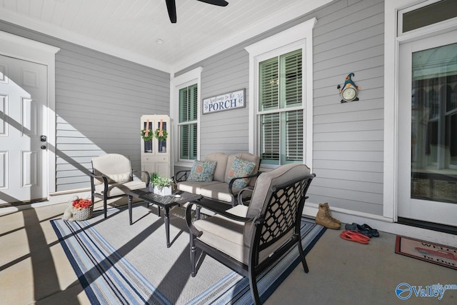 view of patio / terrace with ceiling fan, an outdoor living space, and covered porch