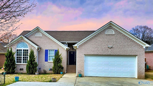 single story home with roof with shingles, a garage, driveway, and crawl space