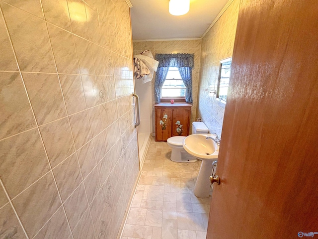 bathroom featuring tile walls, tile patterned floors, toilet, and ornamental molding