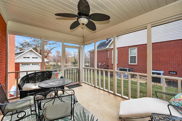 sunroom / solarium featuring ceiling fan and wooden ceiling