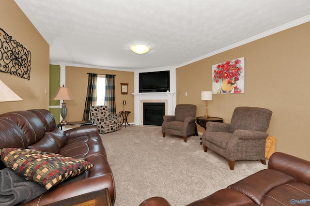 living room featuring carpet floors, a textured ceiling, and ornamental molding