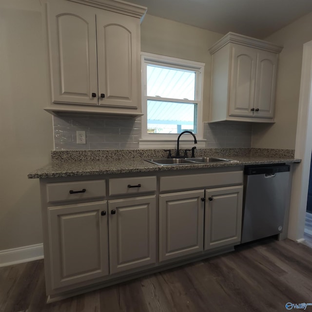 kitchen featuring dark hardwood / wood-style floors, dishwasher, sink, decorative backsplash, and white cabinets