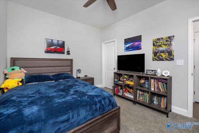 bedroom featuring carpet flooring and ceiling fan