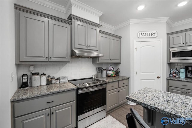 kitchen with gray cabinetry, crown molding, stainless steel appliances, and stone counters