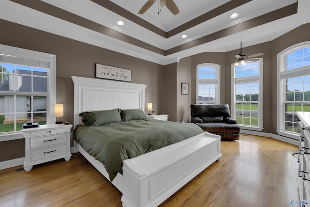 bedroom featuring a tray ceiling, light hardwood / wood-style floors, multiple windows, and ceiling fan