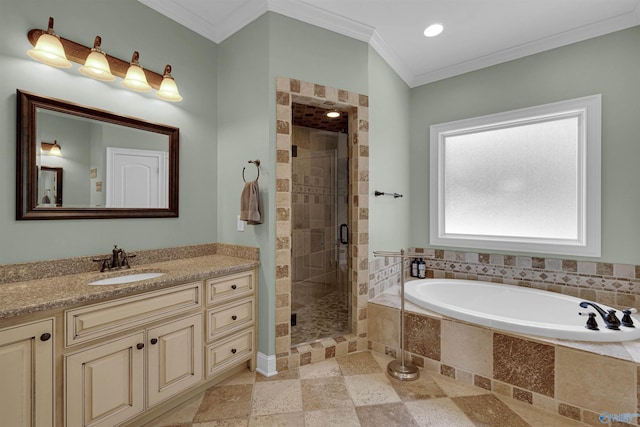 bathroom featuring independent shower and bath, vanity, tile patterned floors, and crown molding