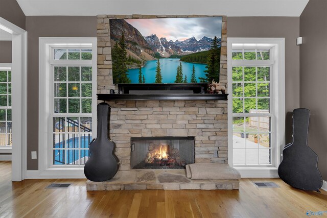 living room featuring light hardwood / wood-style floors, a wealth of natural light, and a stone fireplace