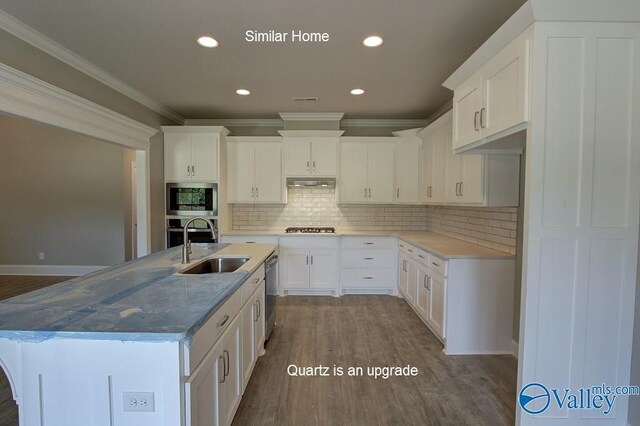 kitchen featuring stainless steel appliances, a sink, under cabinet range hood, white cabinetry, and crown molding