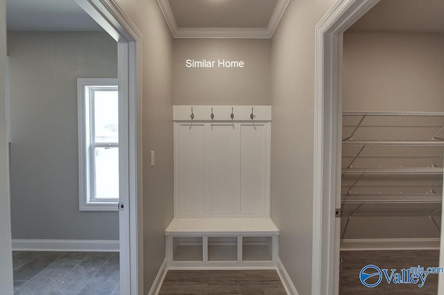 mudroom featuring wood finished floors, baseboards, and ornamental molding