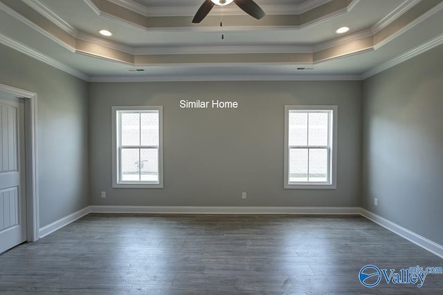 unfurnished room featuring a healthy amount of sunlight, a ceiling fan, and a tray ceiling