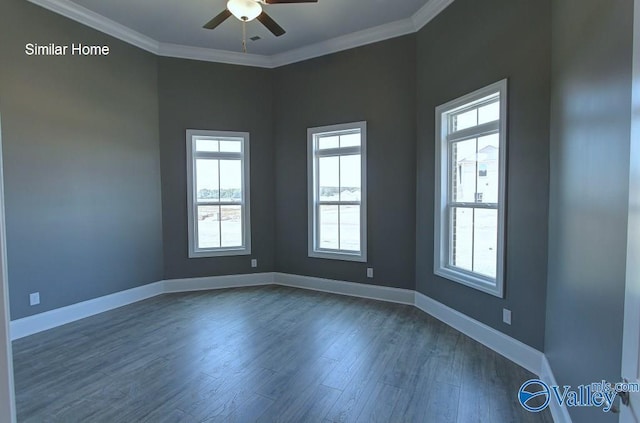 spare room featuring crown molding, baseboards, dark wood-style flooring, and ceiling fan