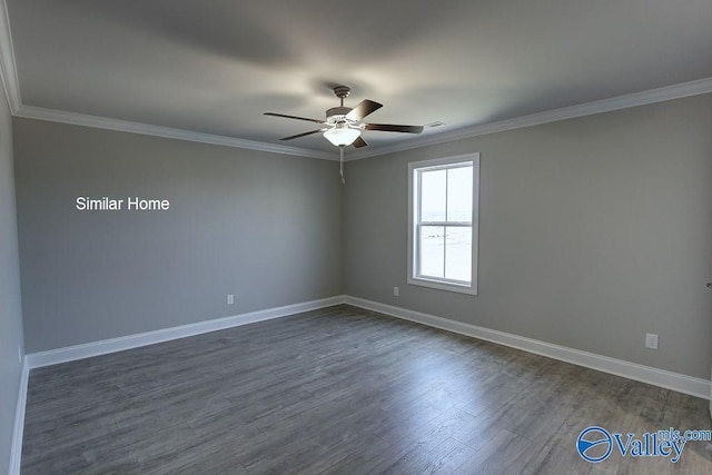 spare room with baseboards, crown molding, a ceiling fan, and dark wood-style flooring