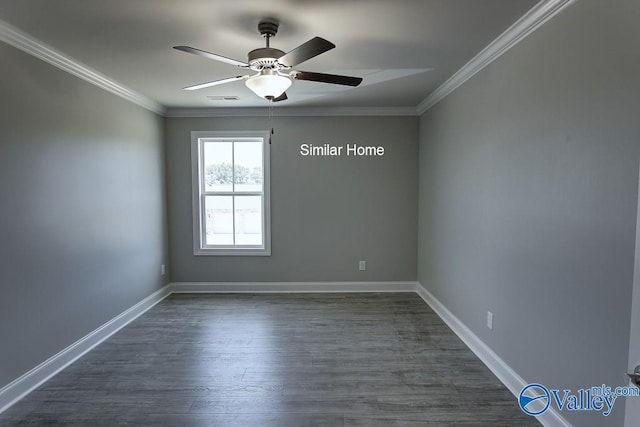 spare room featuring baseboards, visible vents, dark wood finished floors, ornamental molding, and ceiling fan