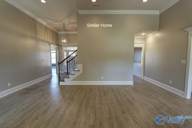 unfurnished living room featuring ornamental molding, recessed lighting, stairway, baseboards, and dark wood-style flooring