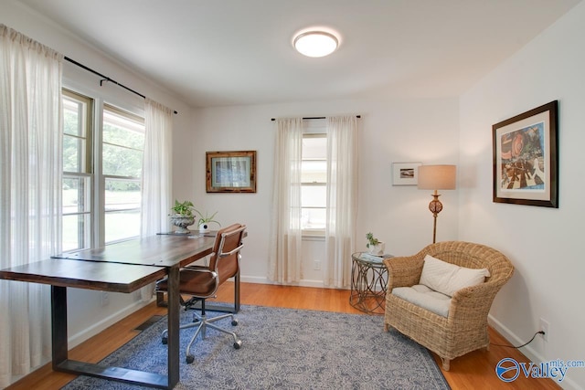 home office featuring baseboards and wood finished floors