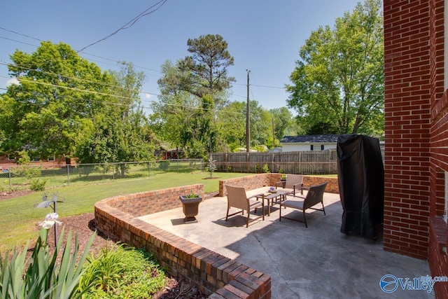 view of patio / terrace featuring a fenced backyard and an outdoor hangout area
