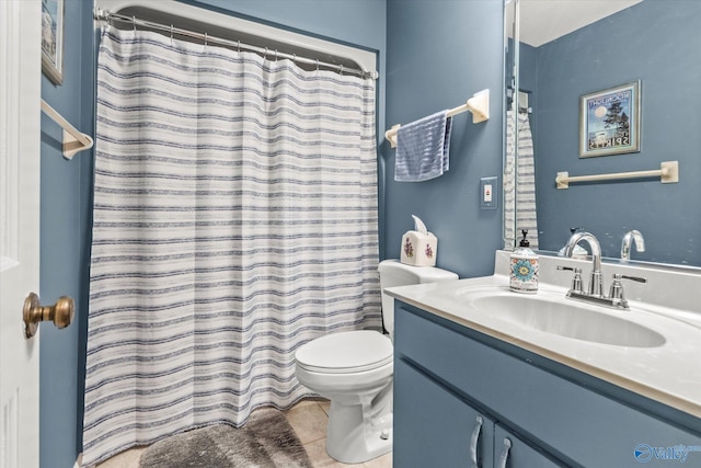 bathroom featuring toilet, tile patterned flooring, walk in shower, and vanity