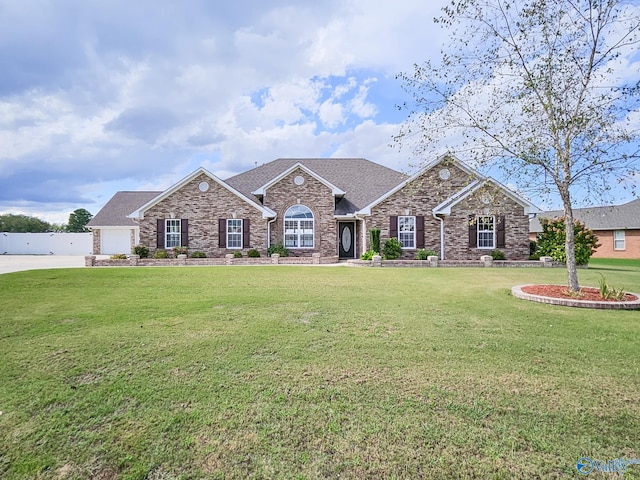 ranch-style house with a garage and a front yard