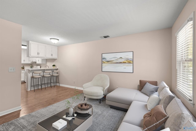 living area featuring visible vents, baseboards, and wood finished floors