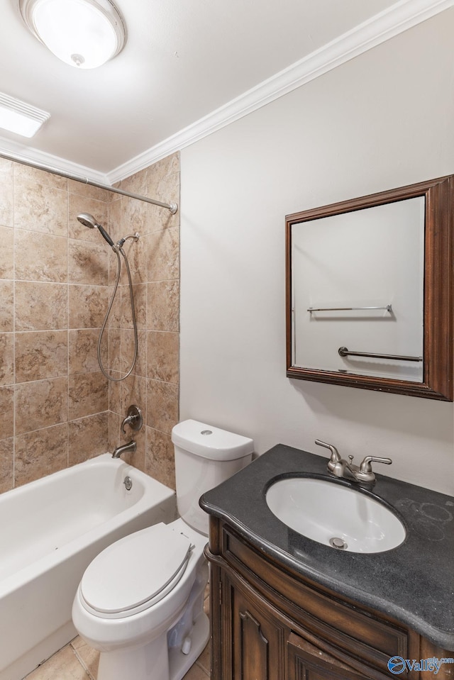 bathroom with shower / washtub combination, toilet, ornamental molding, tile patterned floors, and vanity