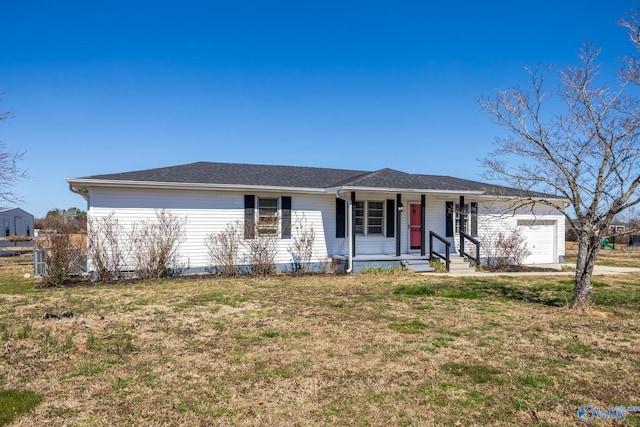 ranch-style house with a porch, an attached garage, and a front lawn