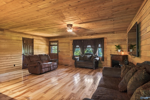 living room featuring ceiling fan, wooden walls, wood ceiling, and light hardwood / wood-style floors