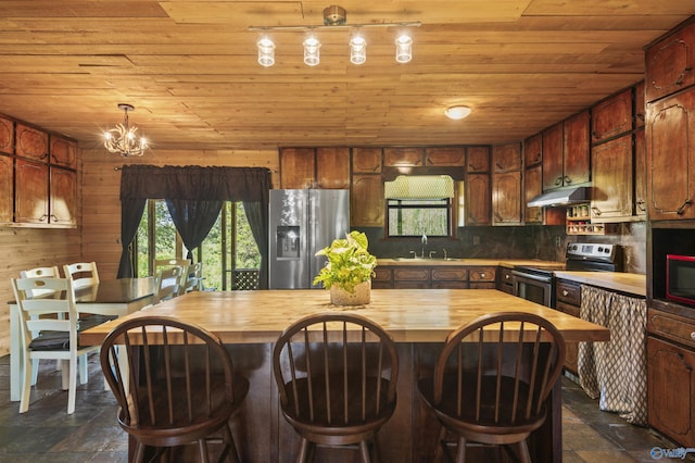 kitchen with stainless steel appliances, sink, wooden ceiling, and butcher block countertops