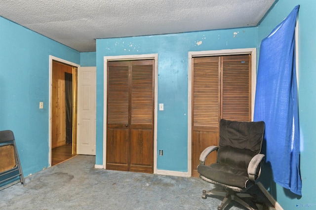 living area featuring carpet and a textured ceiling