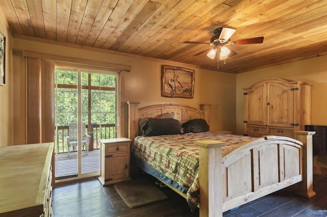 bedroom with access to exterior, dark hardwood / wood-style flooring, and wooden ceiling