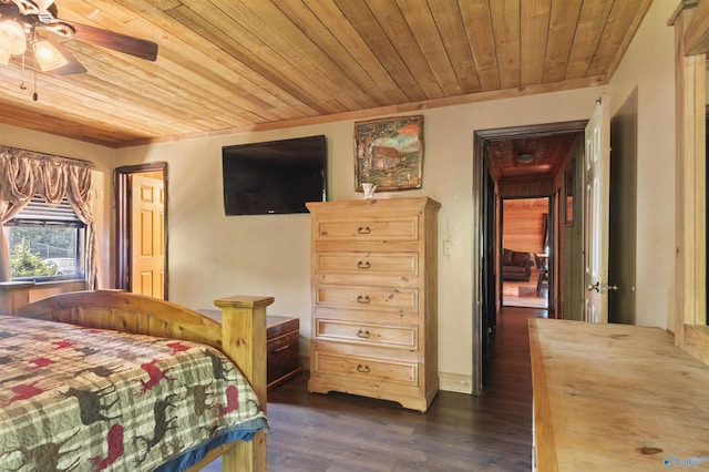 bedroom featuring ceiling fan, dark hardwood / wood-style floors, and wood ceiling