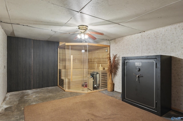 basement featuring ceiling fan