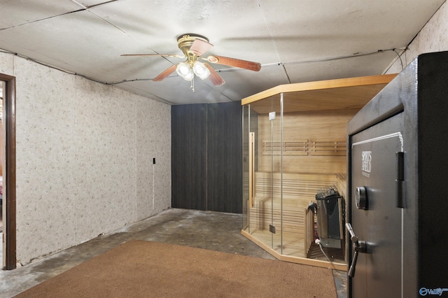 basement with ceiling fan