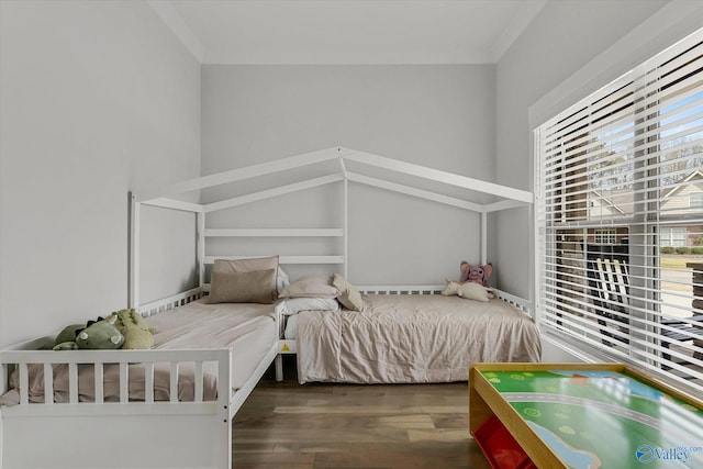 bedroom with dark hardwood / wood-style flooring