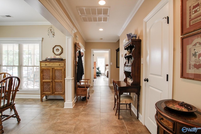 hall with recessed lighting, visible vents, baseboards, and ornamental molding