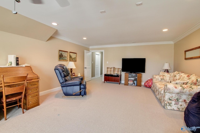 carpeted living room with recessed lighting, baseboards, ornamental molding, and a ceiling fan
