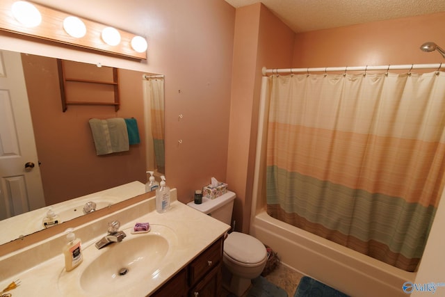 full bathroom with shower / tub combo, vanity, a textured ceiling, and toilet