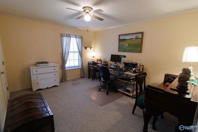 office space featuring crown molding, ceiling fan, carpet, and a textured ceiling