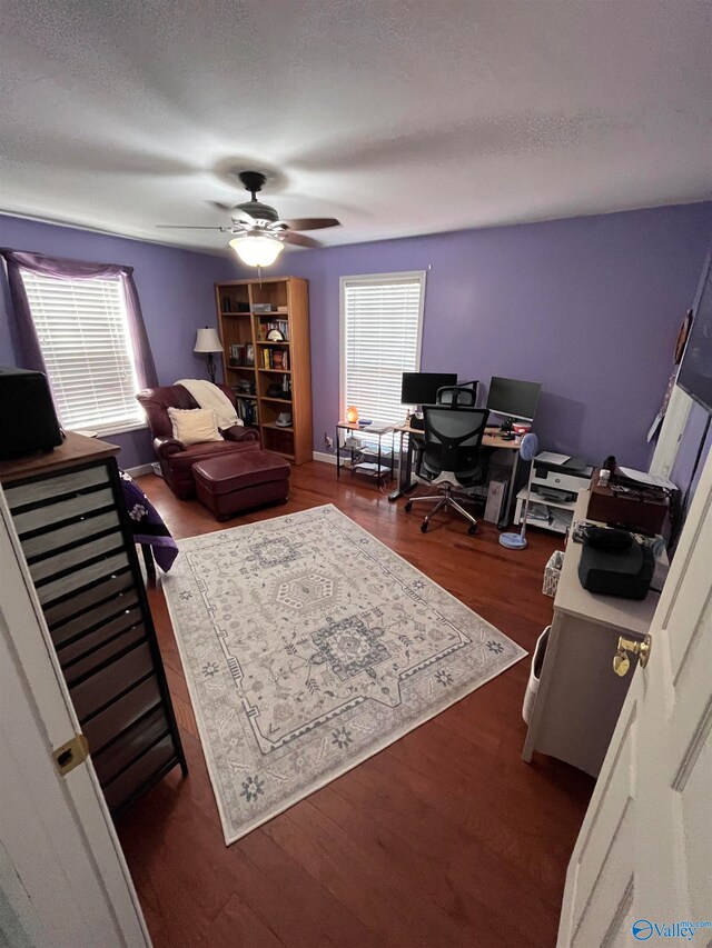 office area with ceiling fan, a textured ceiling, and dark hardwood / wood-style floors