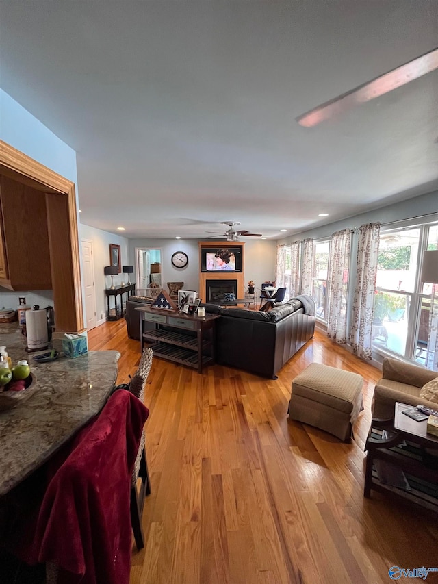 living room featuring light hardwood / wood-style flooring and ceiling fan