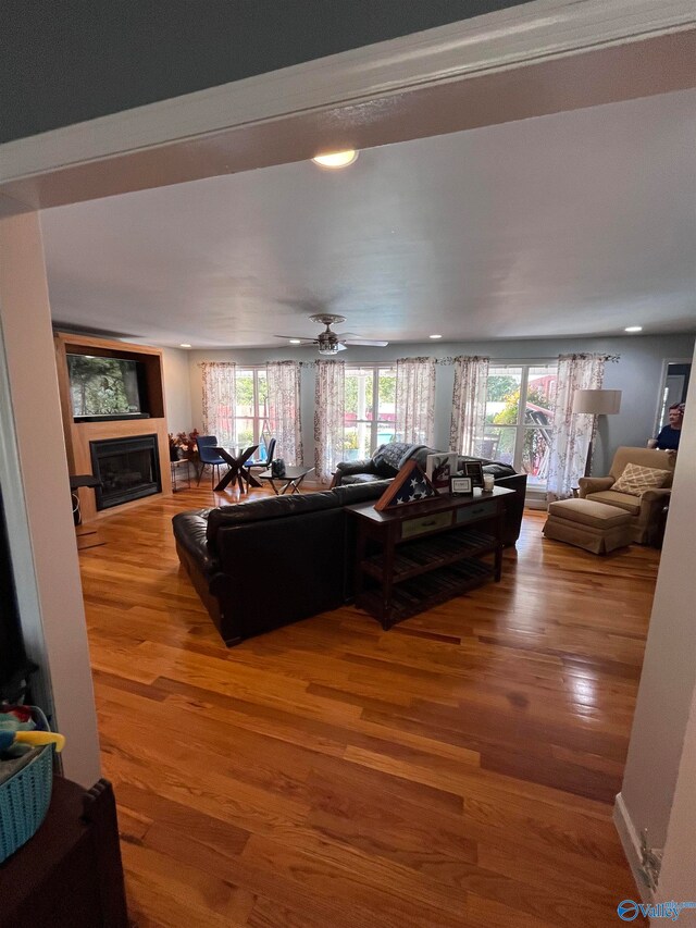 living room with wood-type flooring and ceiling fan