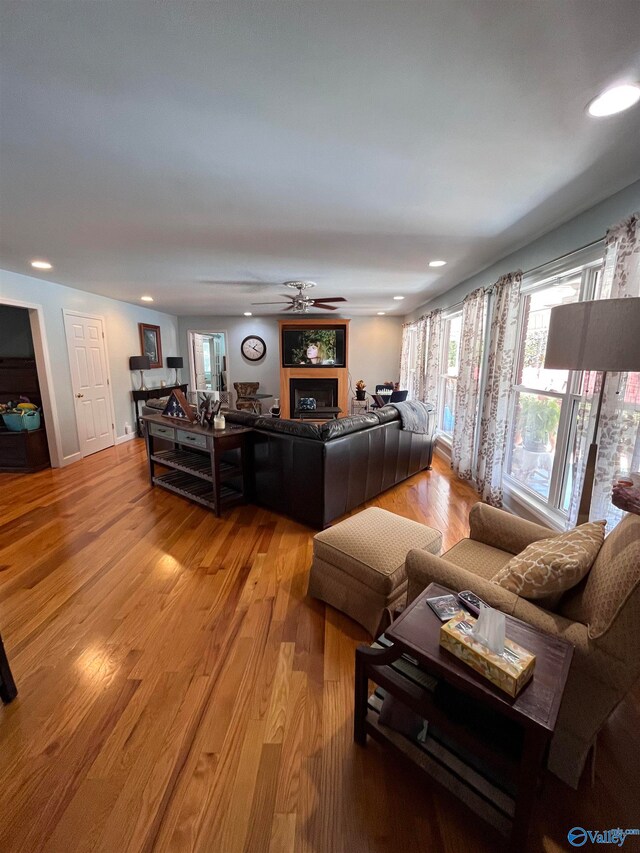 living room with light hardwood / wood-style flooring and ceiling fan