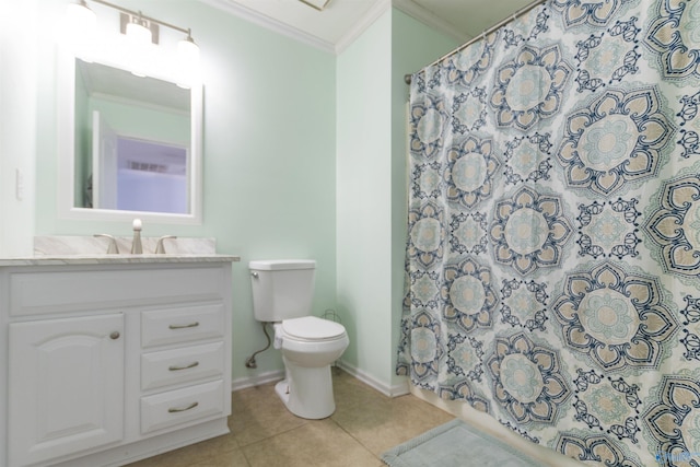 full bathroom featuring vanity, tile patterned flooring, curtained shower, crown molding, and toilet