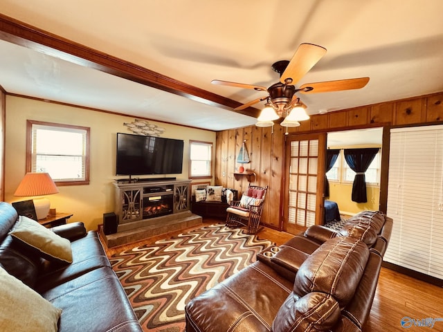 living room featuring crown molding, a ceiling fan, wooden walls, wood finished floors, and a glass covered fireplace