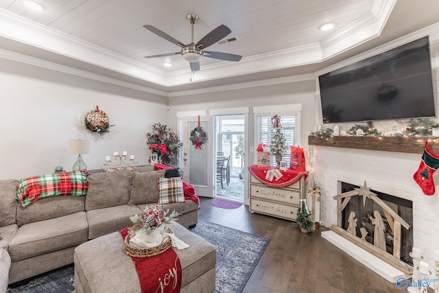 living room with a fireplace, ornamental molding, a raised ceiling, and dark wood-type flooring