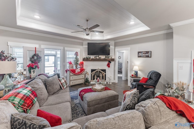 living room with a raised ceiling, ceiling fan, dark wood-type flooring, and ornamental molding